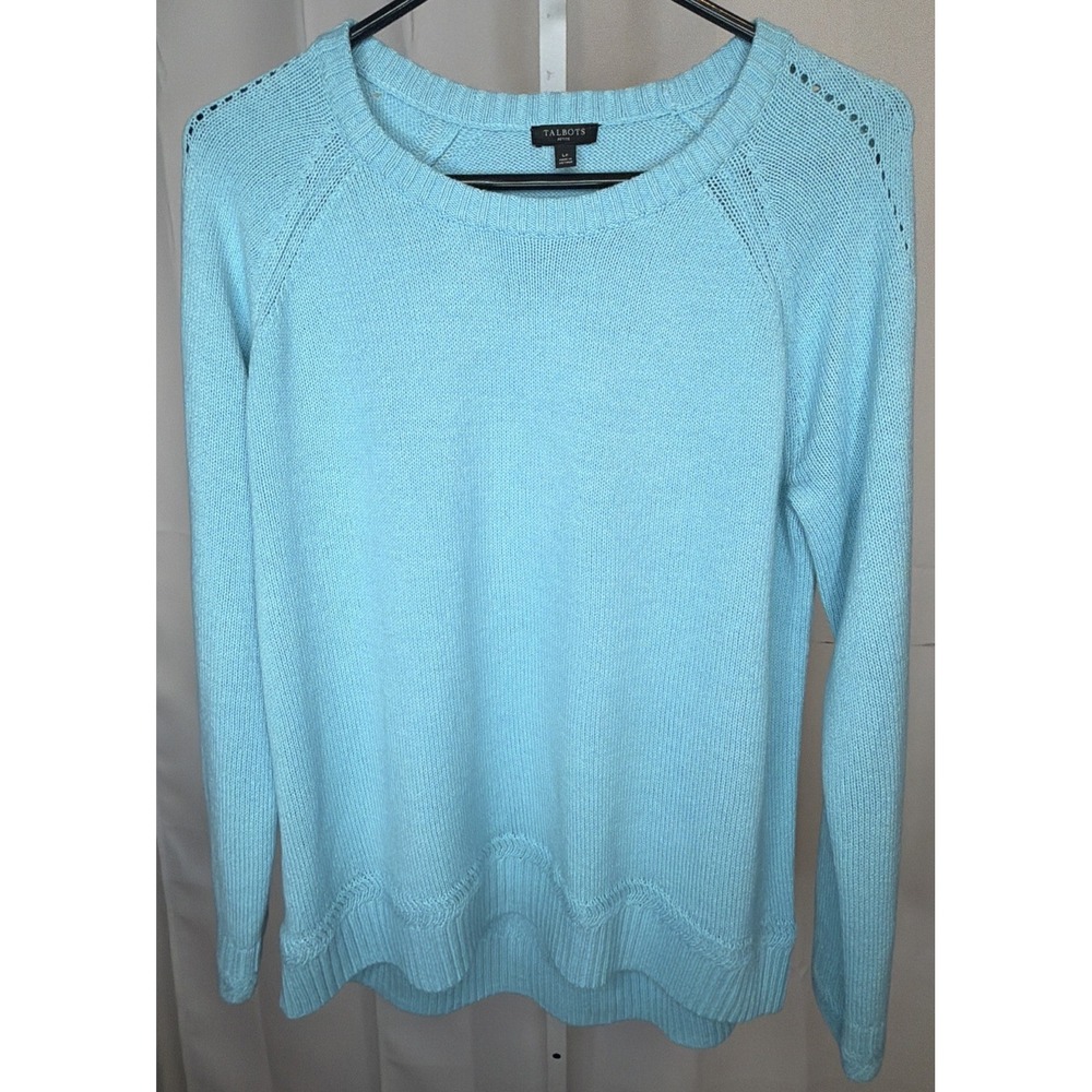 Talbots Petite LP Light Blue Raglan Sleeve Sweater Pointelle Scallop Hem